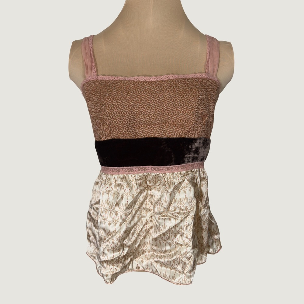 3370 | Vintage 2005 Y2K Silk Velvet Mixed Media Cami Top Lace Trim Pink Brown M